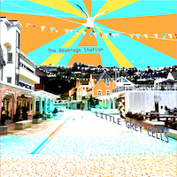the little grey cells album cover featuring a posterized photo of downtown Os, Norway, with cartoon sun rays and a giant seagull.